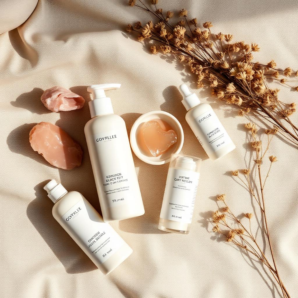 Natural skincare bottles on linen