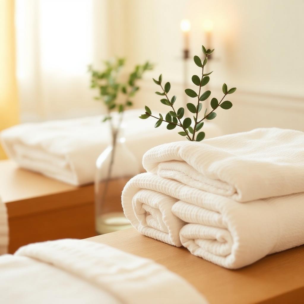 Warm, light-filled treatment room with linen and candles