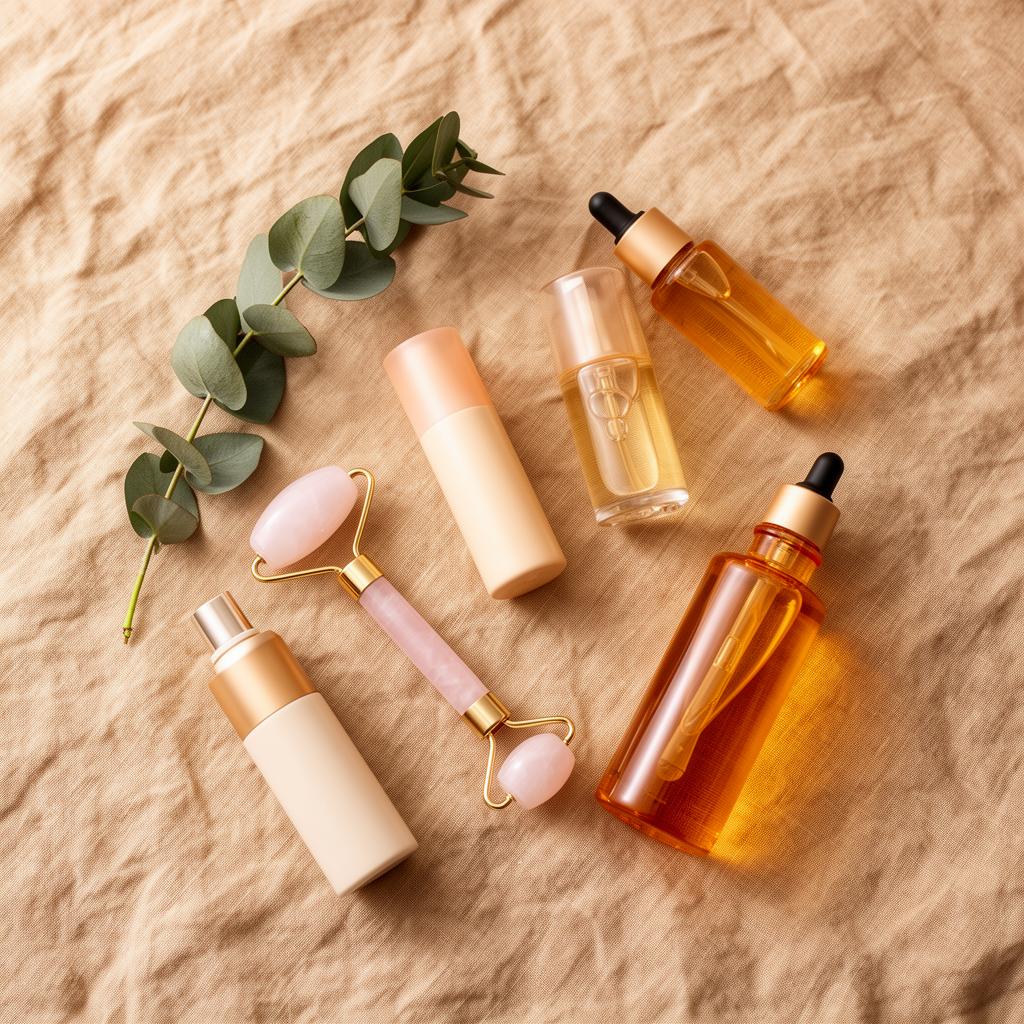 Skincare bottles and rose quartz roller on linen